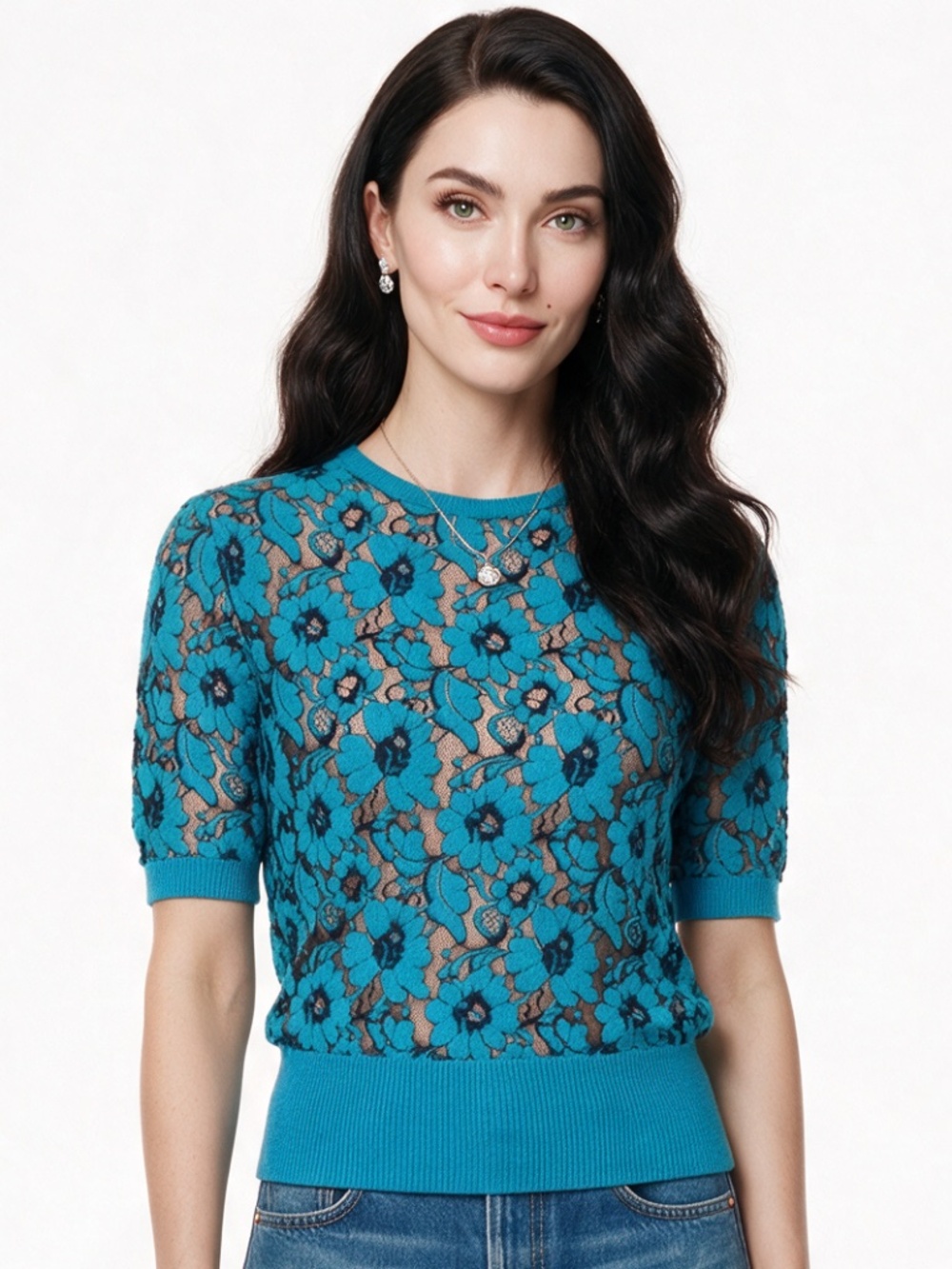 Tatyana Pinup Turquoise Blue Floral w/ Black Sheer Lace Sweater, Stretch, XS